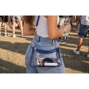 Clear Royal Blue Trim Satchel Bag, Gold Chain Crossbody, Stadium Approved